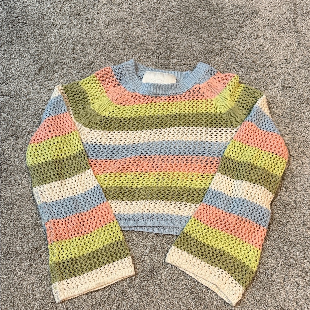 Zara Girls Cropped Striped Mesh Knit Sweater - size 8-9